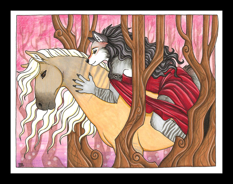 2014 5_fingers anthro black_hair black_nose border brown_eyes brown_fur canine claws clothed clothing colored_pencil_(artwork) dress duo equine female feral forest fur grey_fur hair horse long_hair luthien_nightwolf mammal mane multicolored_fur outside riding side_view signature size_difference smile stripes traditional_media_(artwork) tree white_fur wolf