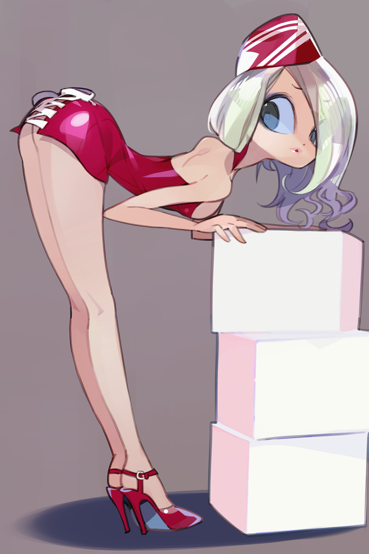 1girl amiami ass back bent_over cross-laced_clothes derivative_work female hair_over_one_eye hat high_heels lipstick no_panties original solo strapless