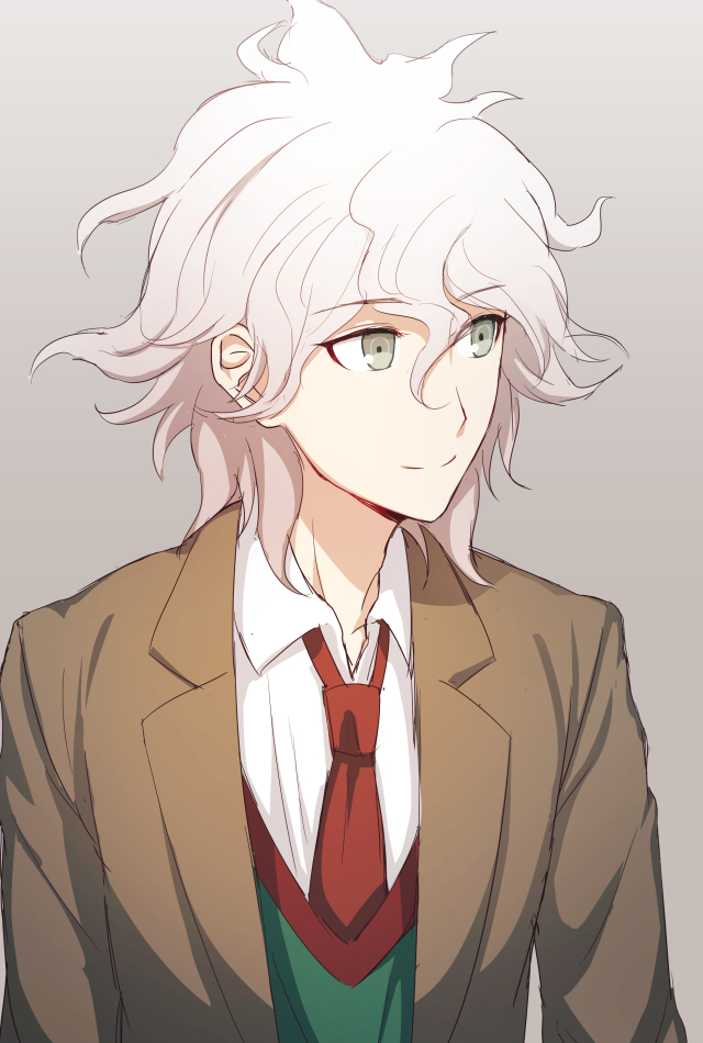 1boy ahoge azami194 brown_jacket closed_mouth commentary_request danganronpa danganronpa_3 eyebrows_visible_through_hair formal green_eyes green_shirt grey_background hair_between_eyes jacket komaeda_nagito looking_to_the_side medium_hair messy_hair necktie open_eyes out_of_frame red_neckwear shirt simple_background smile solo super_danganronpa_2 upper_body white_hair white_shirt