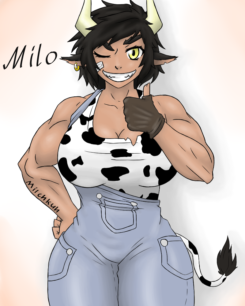 abs bloodcifer bovine breasts clenched_teeth clothed clothing dark_skin female grin hair horn mammal muscular muscular_female not_furry simple_background solo teeth