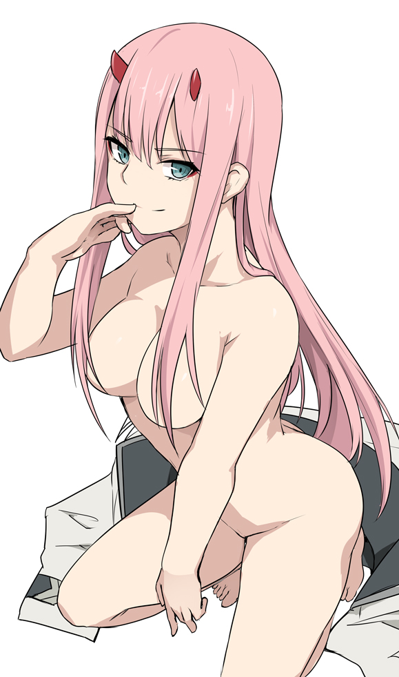 &gt;:) 1girl aqua_eyes bangs barefoot breasts cleavage closed_mouth clothes_on_ground clothes_removed collarbone commentary_request darling_in_the_franxx erect_nipples eyebrows_visible_through_hair eyeshadow feet female finger_to_mouth hair_between_eyes hair_over_breasts hand_to_own_mouth hand_up highres horns jacket kneeling large_breasts long_hair looking_at_viewer makeup naughty_face neck nude one_knee oni_horns open_eyes pink_hair red_horns shiseki_hirame simple_background smile solo white_background white_jacket zero_two_(darling_in_the_franxx)