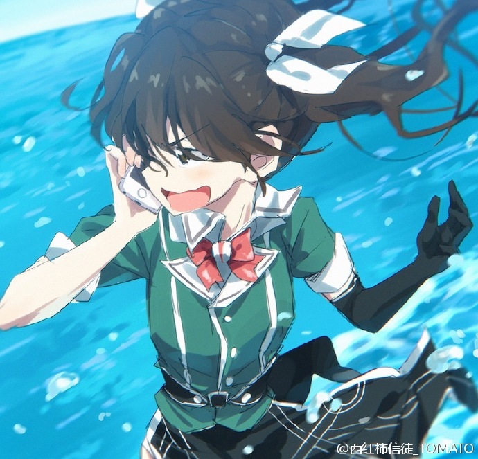 artist_name black_gloves black_skirt blue_background blurry bow bowtie brown_eyes brown_hair buttons cellphone chromatic_aberration elbow_gloves gloves green_jacket hair_between_eyes hair_ribbon holding holding_phone jacket kantai_collection open_mouth phone red_bow red_neckwear remodel_(kantai_collection) ribbon short_sleeves single_glove sketch skirt smartphone solo talking_on_phone text_focus tomato_(lsj44867) tone_(kantai_collection) tongue twintails upper_body water water_drop watermark weibo_username white_ribbon