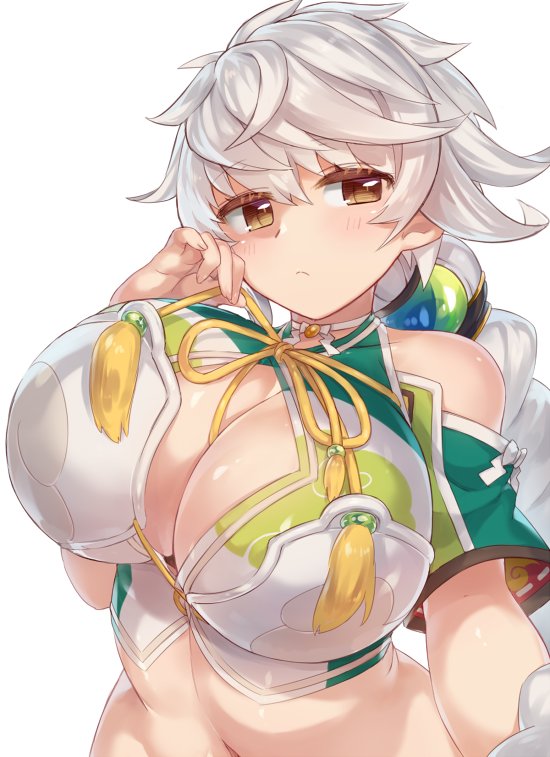 arm_at_side asymmetrical_hair bare_shoulders braid breasts cleavage_cutout cloud_print collarbone crop_top hair_ornament huge_breasts jitome kantai_collection long_hair looking_at_viewer midriff navel remodel_(kantai_collection) shiny shiny_skin silver_hair single_braid solo strap_pull unryuu_(kantai_collection) upper_body very_long_hair wavy_hair yamaarashi yellow_eyes