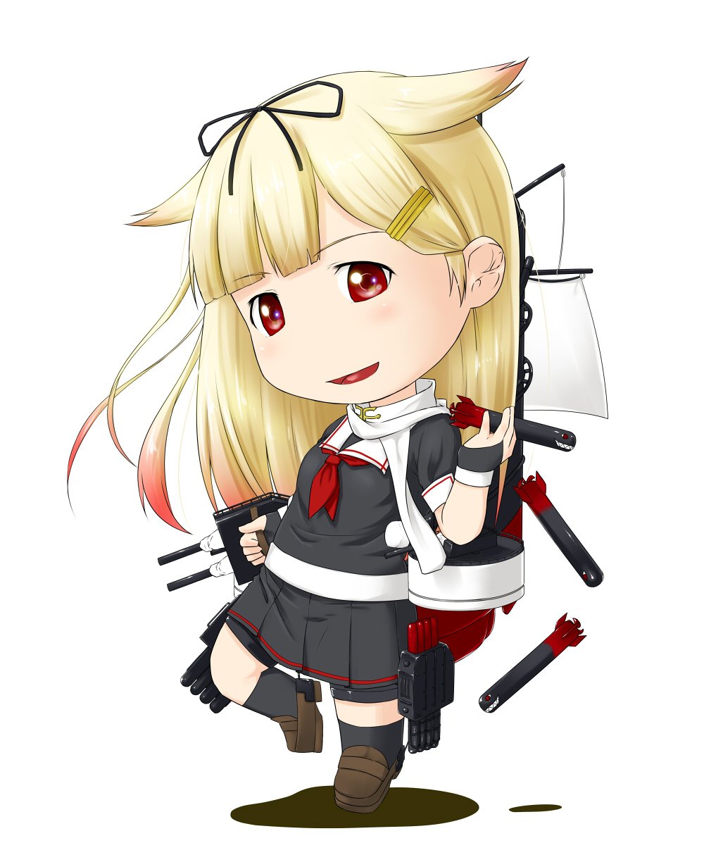 bangs black_shirt black_skirt blonde_hair blunt_bangs bow chibi commentary_request fingerless_gloves gloves hair_bow hair_flaps hair_ornament hairclip hand_up highres holding holding_weapon kantai_collection launching long_hair looking_at_viewer multicolored_hair neckerchief niwatazumi open_mouth pink_hair pleated_skirt red_eyes red_neckwear remodel_(kantai_collection) rigging sailor_collar sailor_shirt school_uniform serafuku shadow shirt sketch skirt smile solo torpedo weapon yuudachi_(kantai_collection)