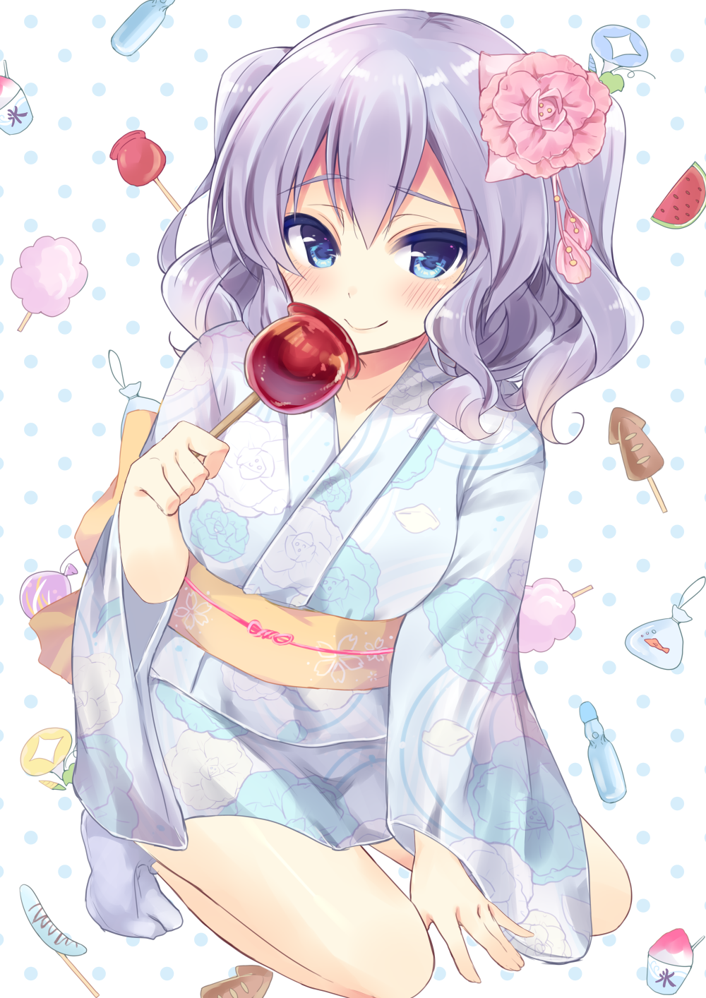 blue_eyes breasts candy_apple food highres japanese_clothes kantai_collection kashima_(kantai_collection) kimono large_breasts long_hair momoirone silver_hair solo twintails wavy_hair