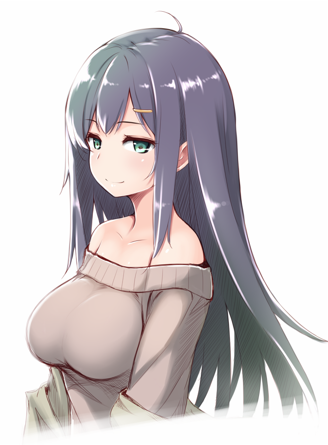 bad_id bad_pixiv_id bare_shoulders big_wednesday black_hair breasts green_eyes hair_ornament hairclip large_breasts long_hair original simple_background smile solo sweater white_background