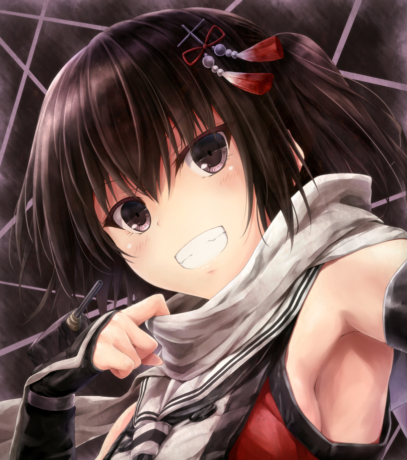 arm_warmers armpits bangs blush breasts brown_hair cannon close-up face grin hair_ornament hairpin kantai_collection looking_at_viewer machinery neckerchief parted_lips purple_eyes remodel_(kantai_collection) scarf school_uniform sendai_(kantai_collection) serafuku shirt short_hair sideboob sleeveless sleeveless_shirt small_breasts smile solo suien tassel teeth turret upper_body white_scarf