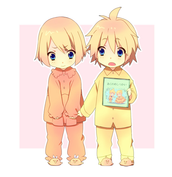 1girl :t aku_no_meshitsukai_(vocaloid) bird blonde_hair blue_eyes book brother_and_sister buttons chick child clenched_hands clothes_grab fang holding holding_book holding_clothes kagamine_len kagamine_rin messy_hair open_mouth ousaka_nozomi pajamas pajamas_pull pout short_hair siblings simple_background slippers twins v-shaped_eyebrows vocaloid
