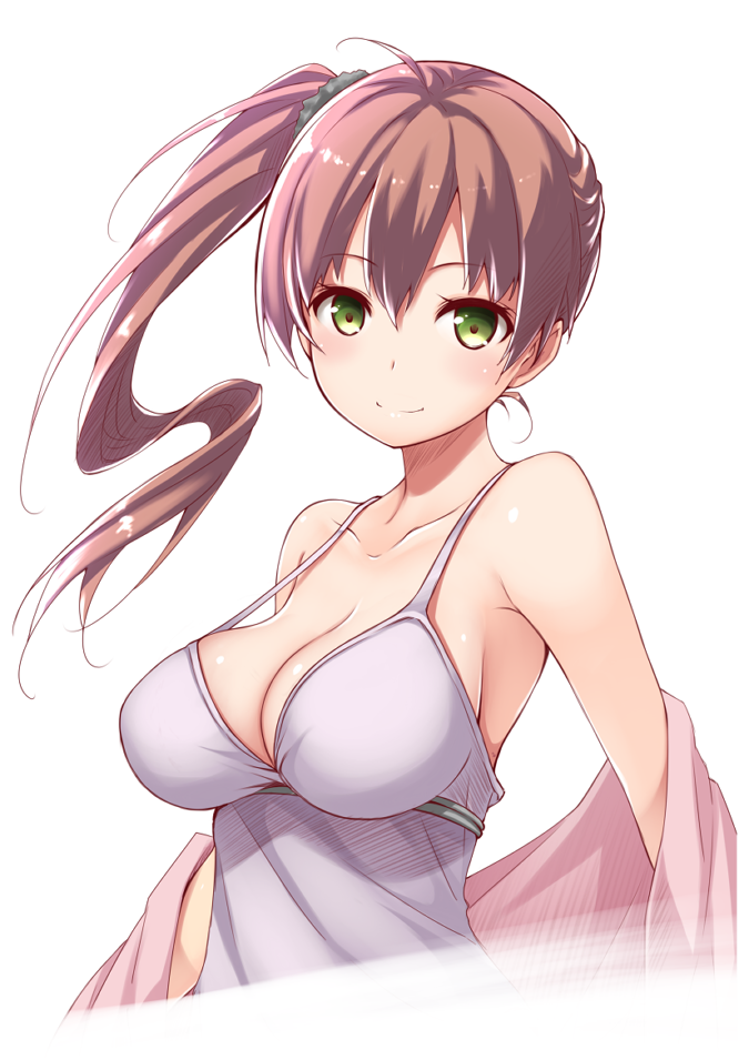bad_id bad_pixiv_id bare_shoulders big_wednesday breasts cleavage eyebrows eyebrows_visible_through_hair green_eyes large_breasts long_hair looking_at_viewer original red_hair side_ponytail simple_background smile solo white_background