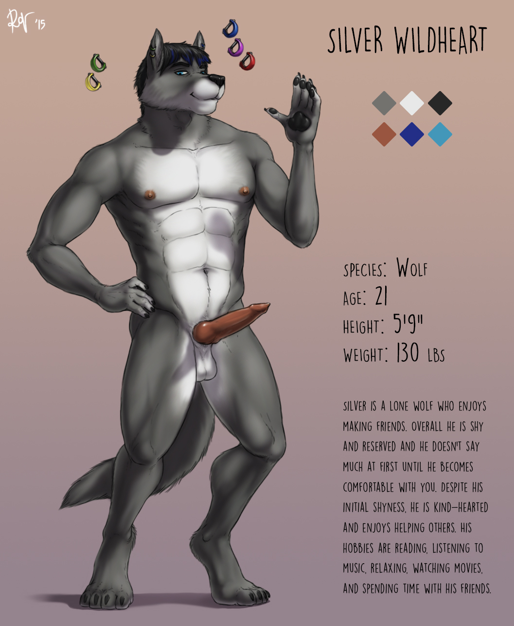 2015 4_toes abs animal_genitalia animal_penis anthro armpits balls biceps black_hair black_nose blue_eyes blue_highlights brown_nipples brown_penis canine canine_penis claws digital_media_(artwork) digitigrade ear_piercing english_text erection front_view fur grey_background grey_fur hair hand_on_hip highlights knot looking_at_viewer male mammal model_sheet multicolored_fur muscular muscular_male navel nipples nude pecs penis piercing raised_arm rov signature silver_wildheart simple_background solo standing text toe_claws toes two_tone_fur white_fur wolf