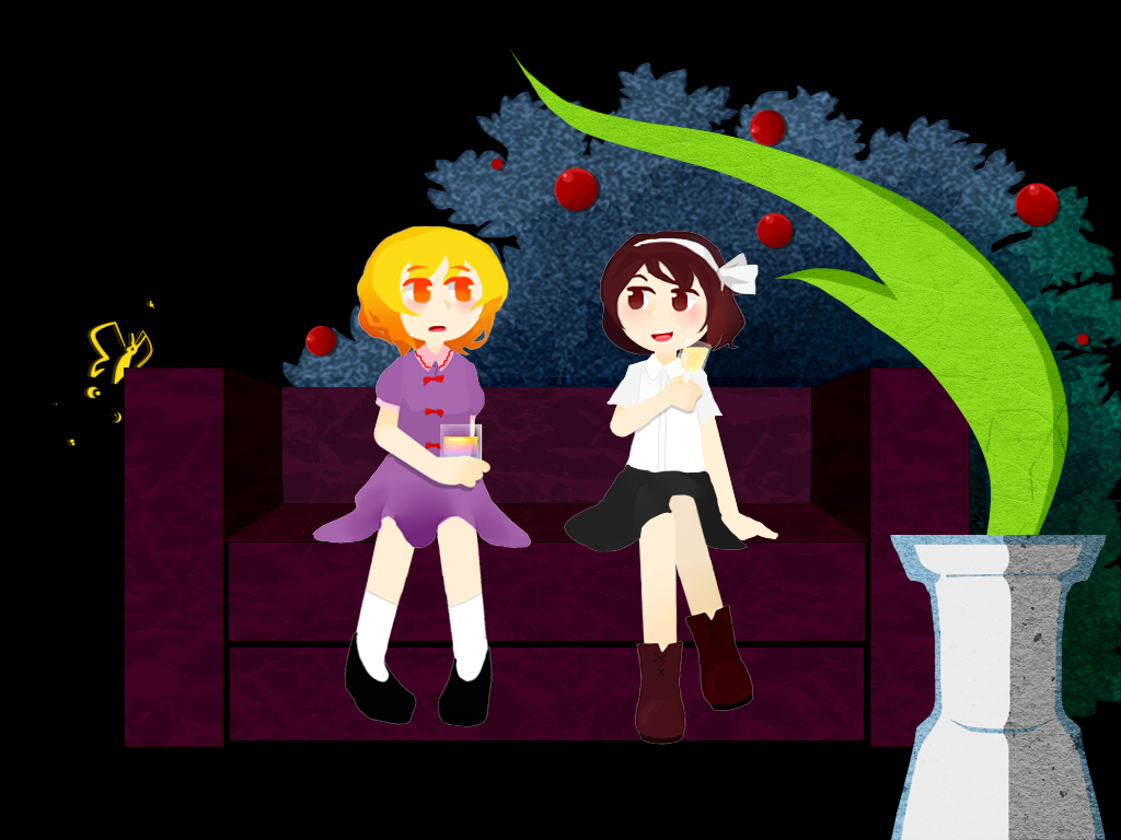 alcohol apple_tree blonde_hair brown_hair couch crossed_legs cup dateless_bar_"old_adam" dress drinking_glass eye_contact hair_ribbon holding holding_cup looking_at_another maribel_hearn multiple_girls no_hat no_headwear open_mouth plant purple_dress ribbon short_hair sitting touhou tree usami_renko vase white_ribbon yellow_eyes