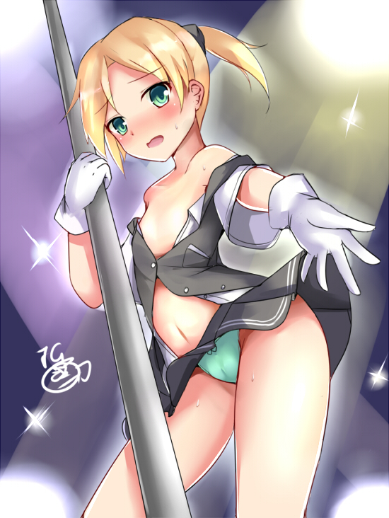 aqua_eyes aqua_panties black_vest blonde_hair blush bow bow_panties breasts embarrassed green_panties jotarozaku kantai_collection looking_at_viewer maikaze_(kantai_collection) open_clothes open_mouth outstretched_arm panties pole pole_dancing school_uniform shirt short_hair short_ponytail skirt skirt_lift small_breasts solo thighs unbuttoned underwear vest white_shirt