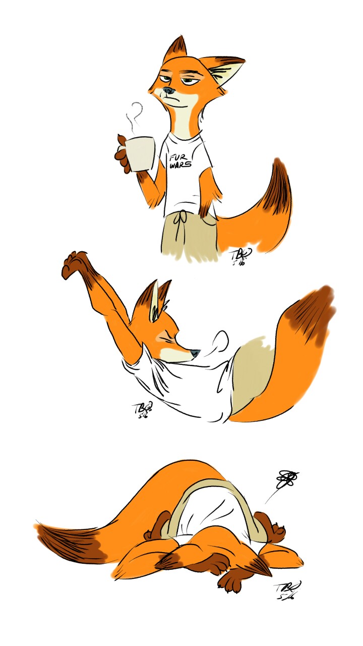 2016 anthro beverage canine clothing coffee disney draw_strings exhausted fox lyiung male mammal nick_wilde shirt simple_background sketch stretching sweat_pants t-shirt taylorillustrated zootopia