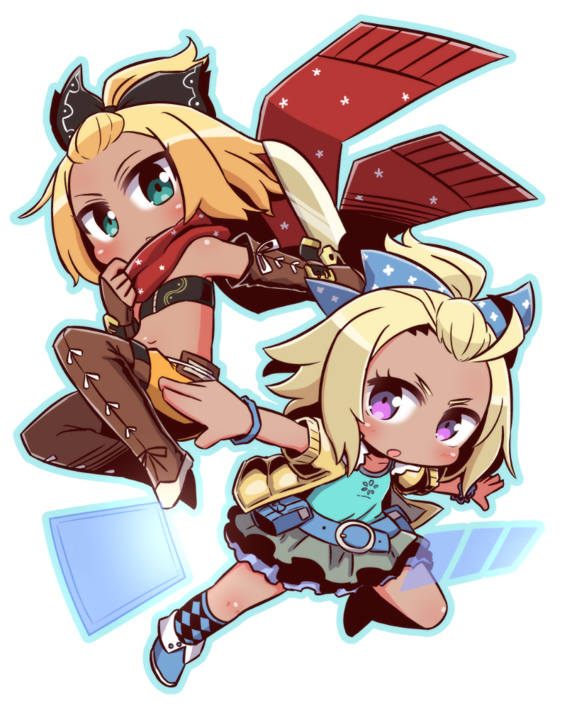 2girls 7th_dragon_(series) 7th_dragon_iii :o argyle argyle_legwear bangs_pinned_back belt belt_buckle black_bandeau black_bow blonde_hair blue_belt blue_bow blue_footwear blue_shirt blush boots bow brown_footwear brown_gloves brown_legwear buckle car character_request chibi closed_mouth collarbone commentary_request dark_skin duelist_(7th_dragon) elbow_gloves fingerless_gloves forehead fringe_trim gloves green_eyes green_skirt ground_vehicle hair_bow hand_up hatch_(7th_dragon) jacket kneehighs leather leather_gloves long_hair looking_at_viewer motor_vehicle multiple_girls naga_u navel open_clothes open_jacket orange_shorts outstretched_arm parted_lips purple_eyes red_scarf scarf shirt short_shorts short_sleeves shorts sidelocks simple_background skirt thigh_boots thighhighs transparent v-shaped_eyebrows white_background yellow_jacket