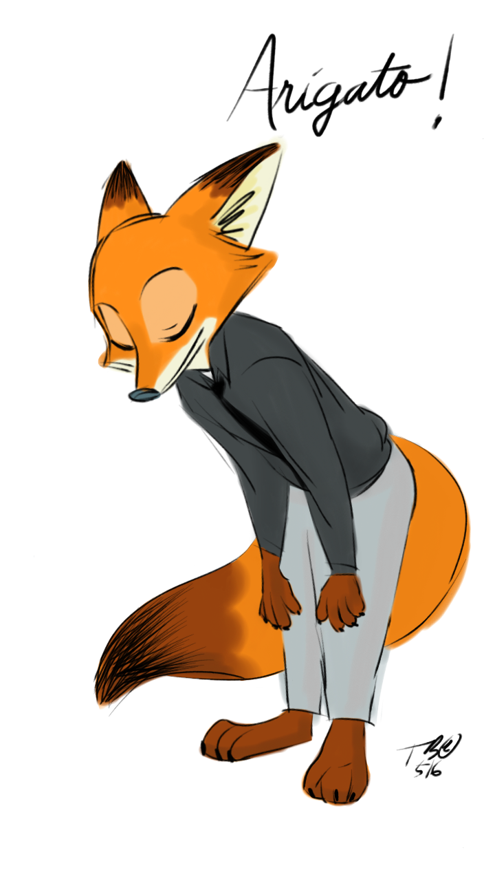 2016 3_toes 4_fingers anthro bowing brown_fur canine clothing dipstick_tail disney dress_shirt eyes_closed fox fur male mammal multicolored_tail necktie nick_wilde orange_fur shirt taylorillustrated text toes white_eye zootopia