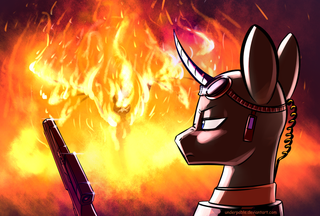 bald blue_eyes duo equine fan_character feral fire flint gun horn how_are_you_still_alive male mammal my_little_pony ranged_weapon solo underpable unicorn weapon