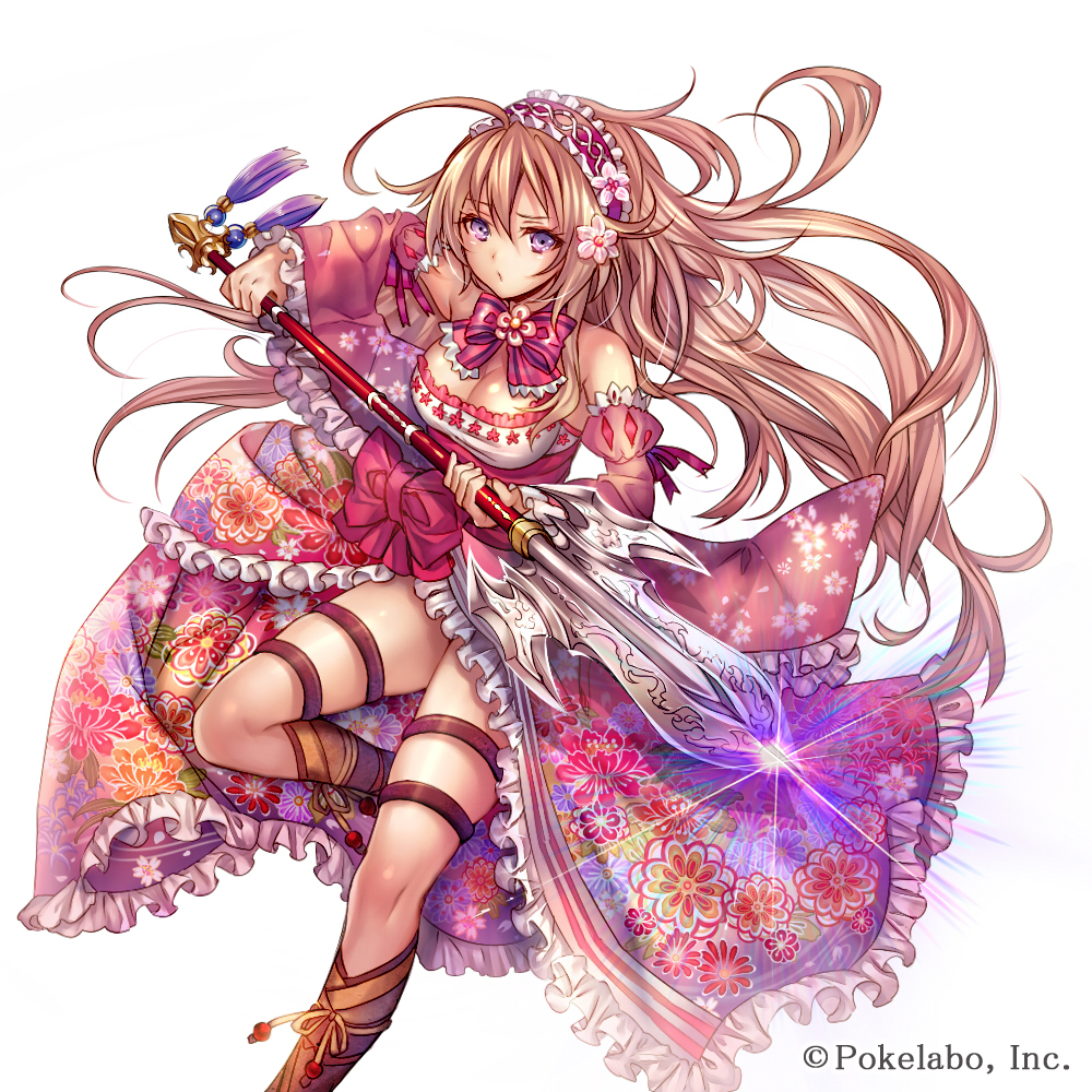 ahoge arm_up bangs bare_shoulders bow bowtie breasts brown_hair cleavage company_name detached_sleeves dress floral_print flower foreshortening frilled_dress frills glowing glowing_weapon hair_between_eyes hair_flower hair_ornament hairband holding holding_weapon long_hair looking_at_viewer madogawa medium_breasts official_art polearm purple_eyes sengoku_gensoukyoku simple_background solo spear tassel weapon white_background wide_sleeves