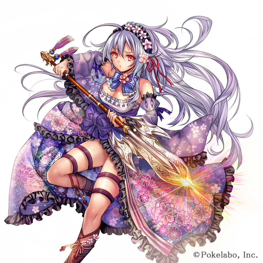 ahoge arm_up bangs bare_shoulders bow bowtie breasts cleavage company_name detached_sleeves dress floral_print flower foreshortening frilled_dress frills glowing glowing_weapon hair_between_eyes hair_flower hair_ornament hair_ribbon hairband holding holding_weapon long_hair looking_at_viewer madogawa medium_breasts official_art polearm red_eyes ribbon sengoku_gensoukyoku silver_hair simple_background solo spear tassel weapon white_background wide_sleeves