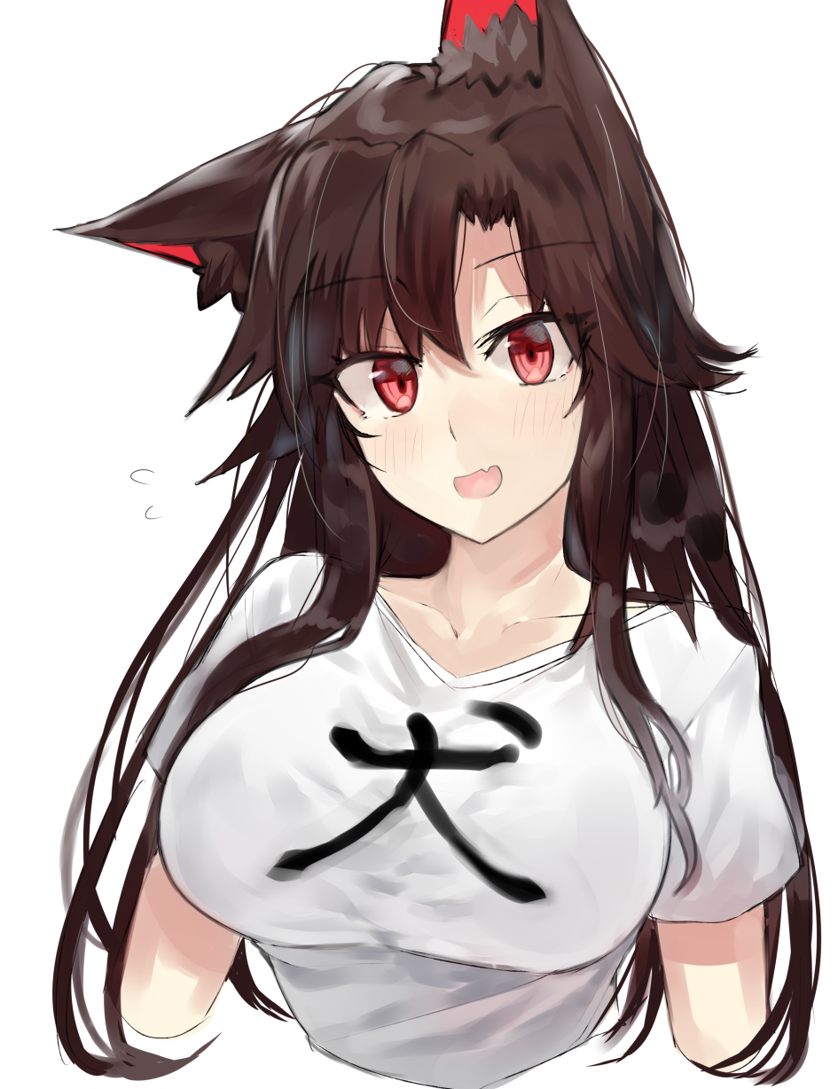 1girl animal_ears bangs blush breasts brown_hair clothes_writing collarbone cropped_arms cropped_torso eyebrows_visible_through_hair fang flying_sweatdrops head_tilt highres imaizumi_kagerou kasuka_(kusuki) large_breasts long_hair looking_at_viewer open_mouth red_eyes shirt simple_background sketch solo t-shirt touhou upper_body white_background white_shirt wolf_ears