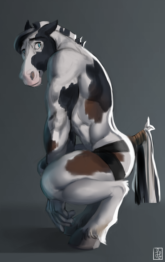 2015 anthro biceps black_fur blue_eyes brown_fur clothed clothing crouching digital_media_(artwork) ears_back equine fur grey_background hooves horse jockstrap littlefreckles looking_back male mammal mane multicolored_fur muscular muscular_male shy side_view simple_background smile solo tail_wraps topless underwear watermark white_fur wraps