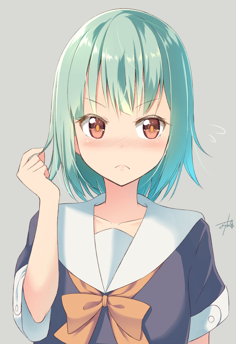 &gt;:( alternate_hair_length alternate_hairstyle aqua_hair ascot bangs blush bow bowtie closed_mouth commentary_request embarrassed eyebrows eyebrows_visible_through_hair flying_sweatdrops frown grey_background gurande_(g-size) hand_in_hair highres kantai_collection looking_at_viewer red_eyes school_uniform serafuku short_hair signature simple_background solo twitter_username upper_body v-shaped_eyebrows yuubari_(kantai_collection)