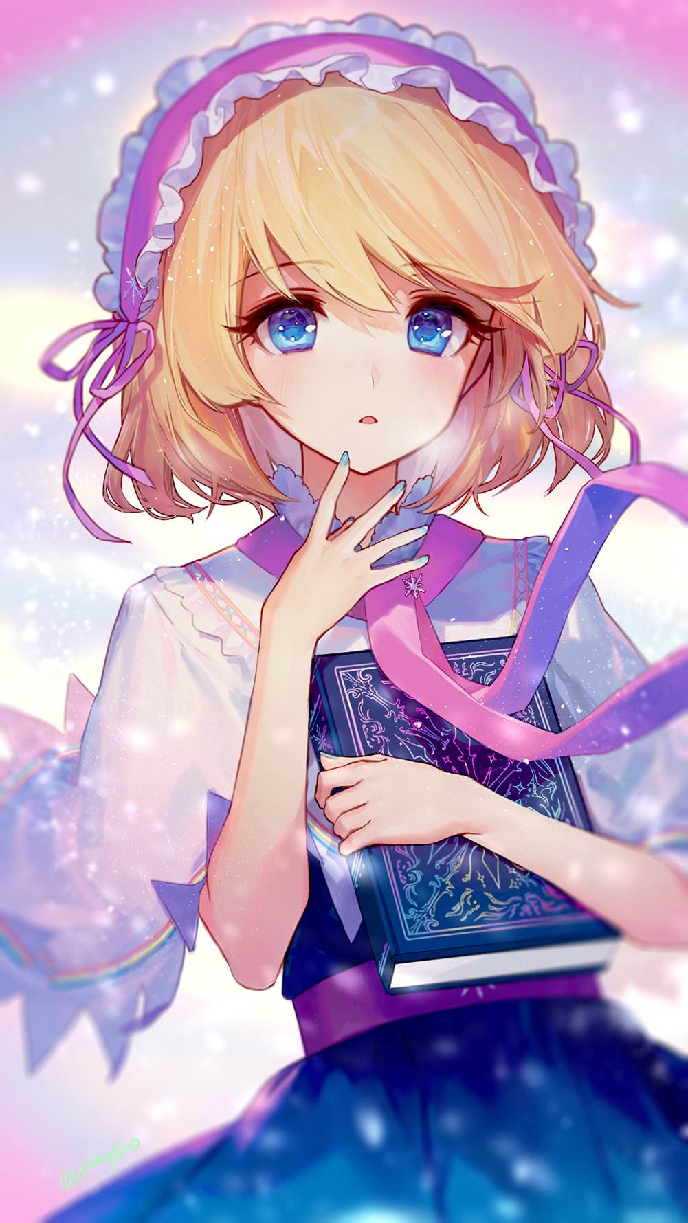 1girl ainy77 alice_margatroid bangs blonde_hair blue_dress blue_eyes blue_nails blurry book capelet depth_of_field dress eyebrows_visible_through_hair grimoire_of_alice hair_ribbon hairband hand_on_own_chin hand_up highres holding holding_book light_particles lolita_hairband looking_at_viewer nail_polish open_mouth parted_lips pink_hairband pink_ribbon red_neckwear ribbon sash shirt short_hair snowflake_pin snowflake_print snowing solo touhou upper_body white_capelet white_shirt