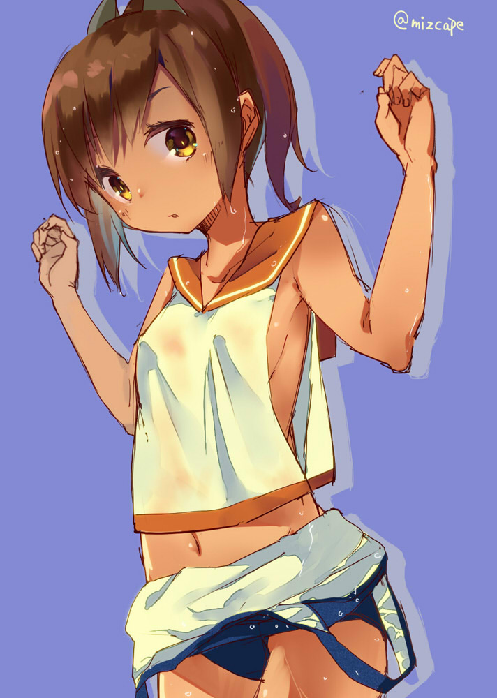 bangs bare_arms blue_background breasts brown_hair chig collarbone covered_nipples cowboy_shot eyebrows hair_ornament hands_up i-401_(kantai_collection) kantai_collection navel parted_lips ponytail school_swimsuit school_uniform serafuku simple_background sketch sleeveless small_breasts solo stomach swimsuit tan twitter_username wet wet_clothes wet_hair wet_swimsuit yellow_eyes