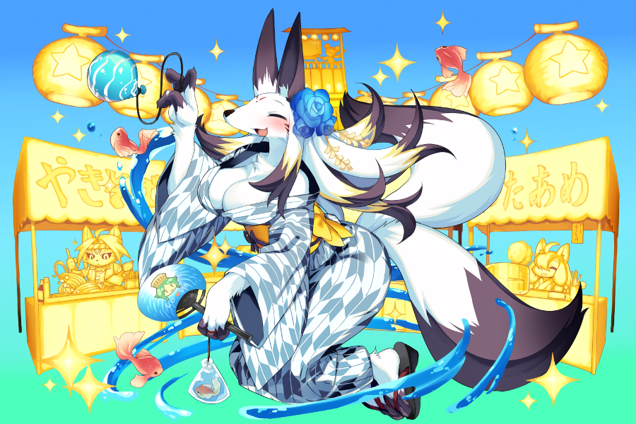 black_hair blush breasts cleavage closed_eyes daji fan fish fullbokko_heroes furry holding large_breasts long_sleeves multicolored_hair multiple_tails official_art open_mouth sandals solo_focus tail white_hair