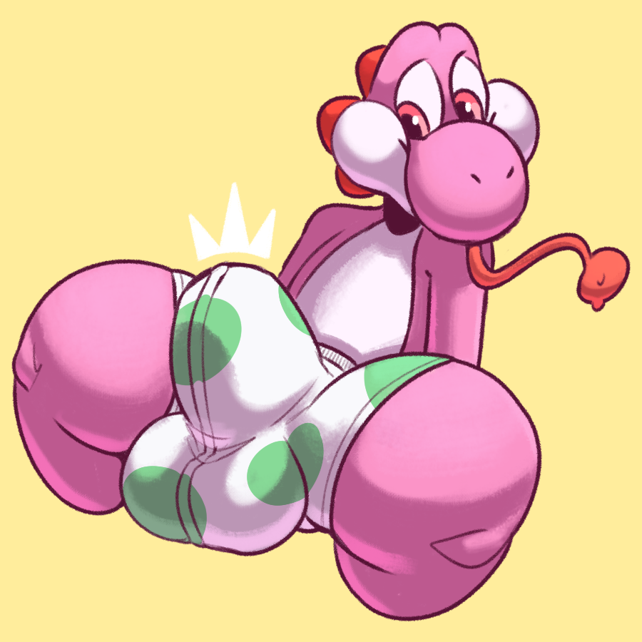 2018 anthro bulge clothing digital_drawing_(artwork) digital_media_(artwork) dinosaur komdog male mario_bros nintendo pink_yoshi reptile scalie simple_background solo underwear video_games yoshi