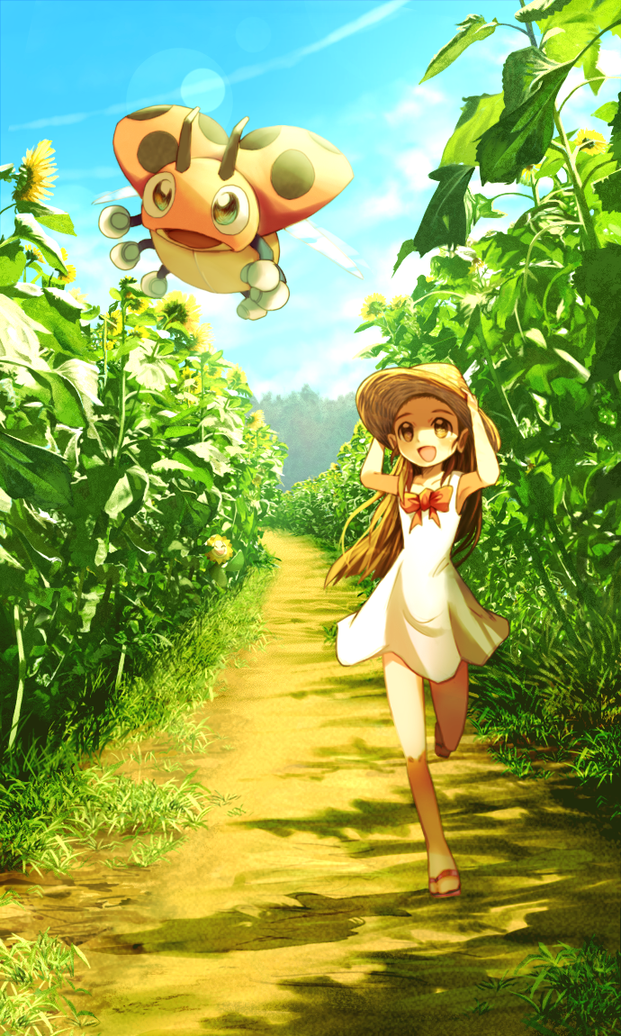:d armpits arms_up bare_arms bare_legs bare_shoulders bow bowtie brown_eyes brown_hair brown_hat cloud collarbone commentary_request day dress error field flower flower_field full_body gen_2_pokemon green_eyes gym_leader hands_on_headwear hands_up hat ledyba leg_up lens_flare light_rays long_hair md5_mismatch mikan_(pokemon) no_legwear no_socks open_mouth path plant pokemon pokemon_(creature) pokemon_(game) pokemon_hgss red_bow red_neckwear revision ribero road running sandals shadow sleeveless sleeveless_dress smile summer sun_hat sundress sunflora sunflower sunlight wrong_feet younger