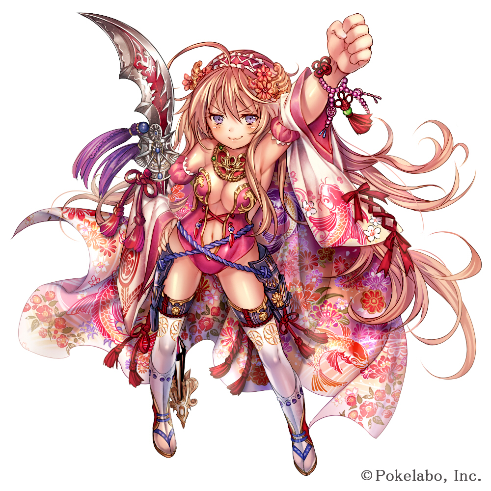 ahoge arm_up bangs breasts brown_hair cleavage clenched_hand company_name dress floral_print flower full_body hair_between_eyes hair_flower hair_ornament hand_on_hip headdress holding holding_weapon jewelry long_hair looking_at_viewer madogawa medium_breasts navel necklace official_art polearm purple_eyes ribbon rope sengoku_gensoukyoku simple_background smile solo spear tassel thighhighs weapon white_background white_legwear wide_sleeves