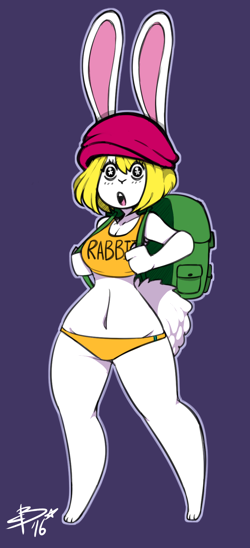 :o anthro backpack blonde_hair blush breasts carrot_(one_piece) cleavage clothed clothing english_text eyelashes female hair hat lagomorph mammal melonbuns minkmen_(one_piece) one_piece open_mouth purple_background rabbit simple_background solo text