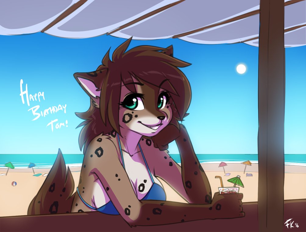 2016 anthro beach beverage bikini bikini_top breasts brown_hair cleavage clothed clothing feline female fluff-kevlar fur green_eyes hair holding_object humanoid kathrin_(twokinds) keidran looking_at_viewer mammal outside sand seaside smile solo spots spotted_fur swimsuit twokinds