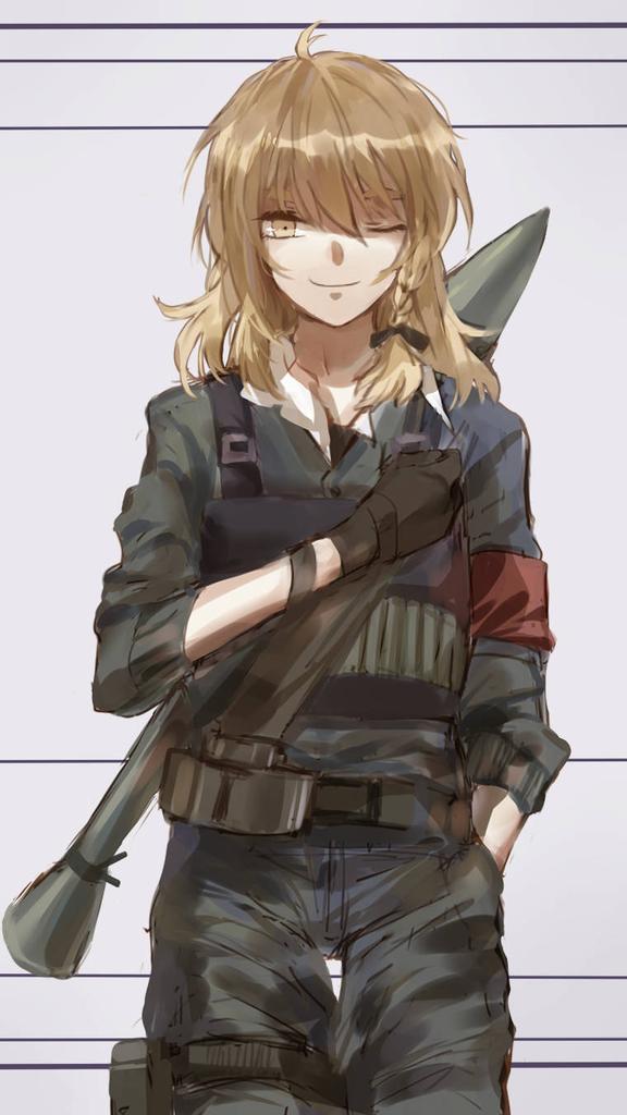 ;) alternate_costume armband belt black_bow black_gloves blonde_hair bow braid contemporary cowboy_shot gloves hair_bow hand_in_pocket hand_on_own_chest kevlar kirisame_marisa long_hair looking_at_viewer meng_ziya military military_uniform one_eye_closed rocket_launcher side_braid smile solo touhou uniform vest weapon weapon_on_back yellow_eyes