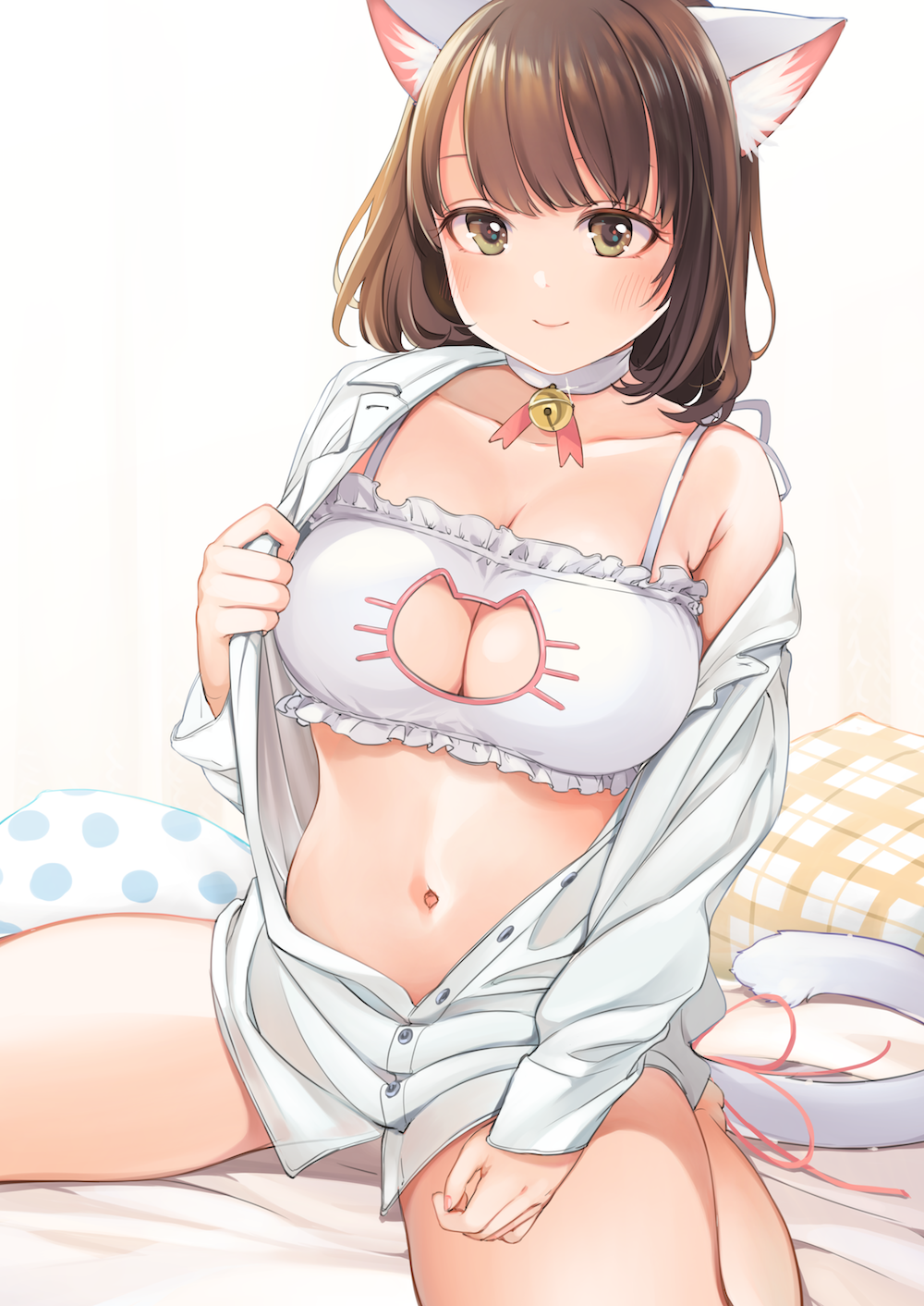 bad_id bad_pixiv_id bare_legs bare_shoulders barefoot bell blush bra breasts brown_eyes brown_hair buttons cat_cutout cat_lingerie cat_tail choker cleavage cleavage_cutout closed_mouth collarbone glint highres jingle_bell large_breasts long_sleeves looking_at_viewer megumoke meme_attire navel original pillow plaid plaid_pillow sitting smile solo stomach tail unbuttoned unbuttoned_shirt underwear undressing wariza white_bra