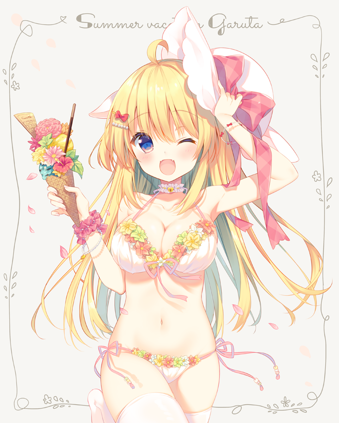 ;d ahoge animal_ears arm_up bikini blonde_hair blue_eyes blush bracelet breasts cherry_blossoms choker cleavage collarbone flower food front-tie_bikini front-tie_top garuta_(yamcha) hair_ornament hairclip halter_top halterneck hat hat_ribbon hibiscus ice_cream ice_cream_cone jewelry large_breasts long_hair looking_at_viewer navel no_shoes one_eye_closed open_mouth original plaid plaid_ribbon red_eyes ribbon side-tie_bikini smile solo sun_hat swimsuit thighhighs white_background white_bikini white_legwear wrist_cuffs yamcha_(cocololi)