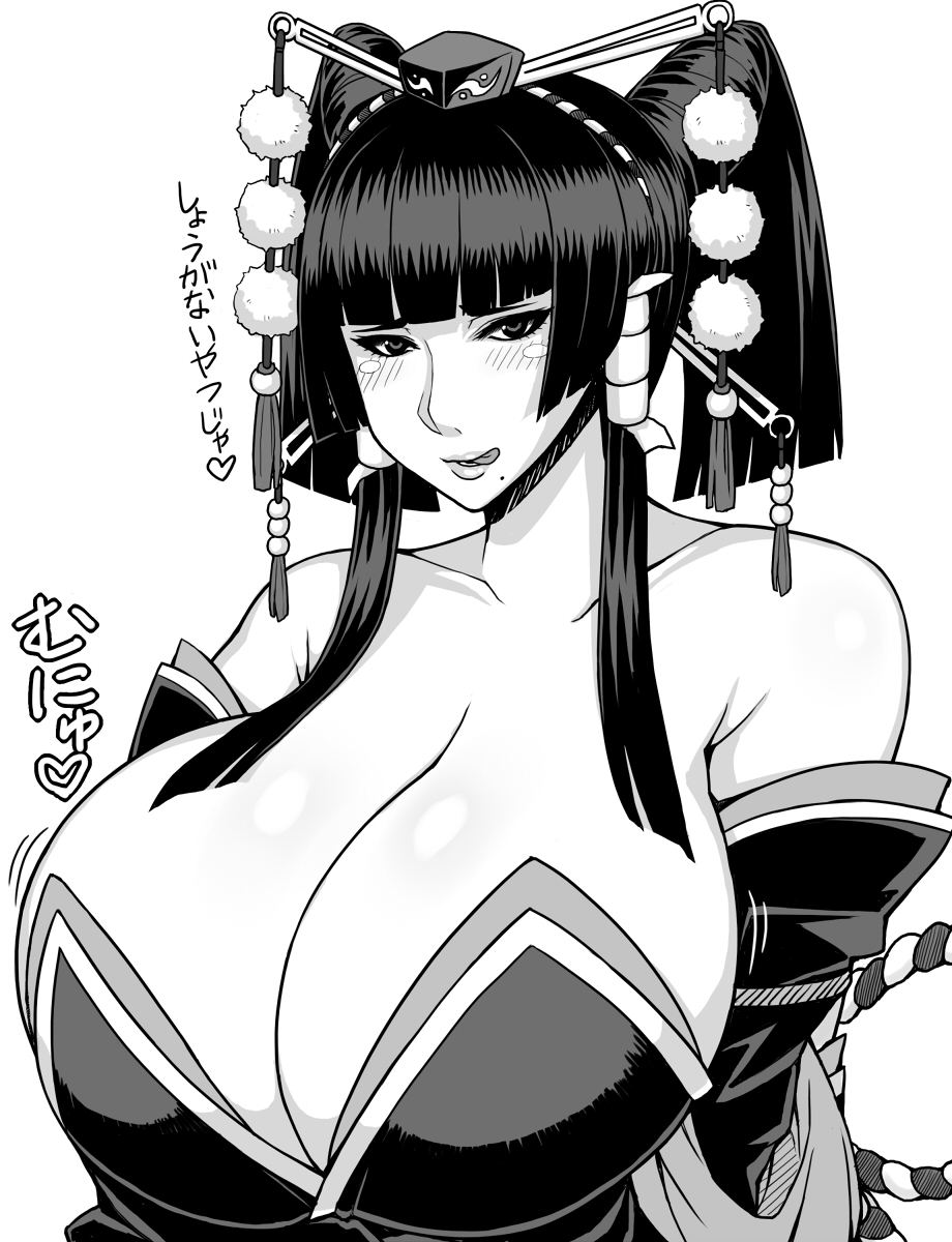 1girl bare_shoulders black_eyes black_hair blush breasts cleavage collarbone dead_or_alive dead_or_alive_5 detached_sleeves female hair_ornament hair_tubes highres huge_breasts licking_lips looking_at_viewer mole monochrome nyotengu otogi_tetsurou simple_background solo standing tongue tongue_out twintails upper_body white_background