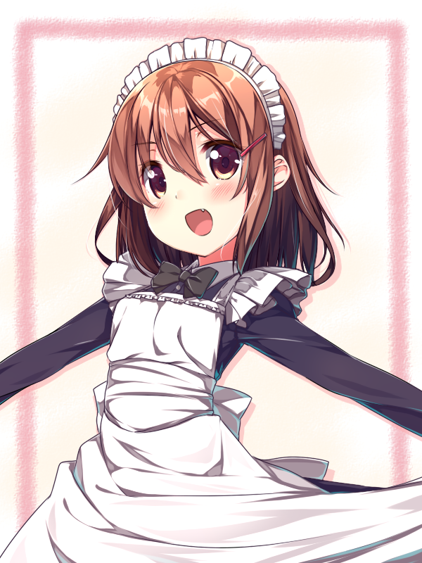 alternate_costume apron black_ribbon blush brown_eyes brown_hair enmaided fang frills hair_between_eyes hair_ornament hairclip ikazuchi_(kantai_collection) kantai_collection long_sleeves looking_at_viewer maid maid_apron maid_headdress open_mouth outstretched_arms ribbon short_hair solo usume_shirou