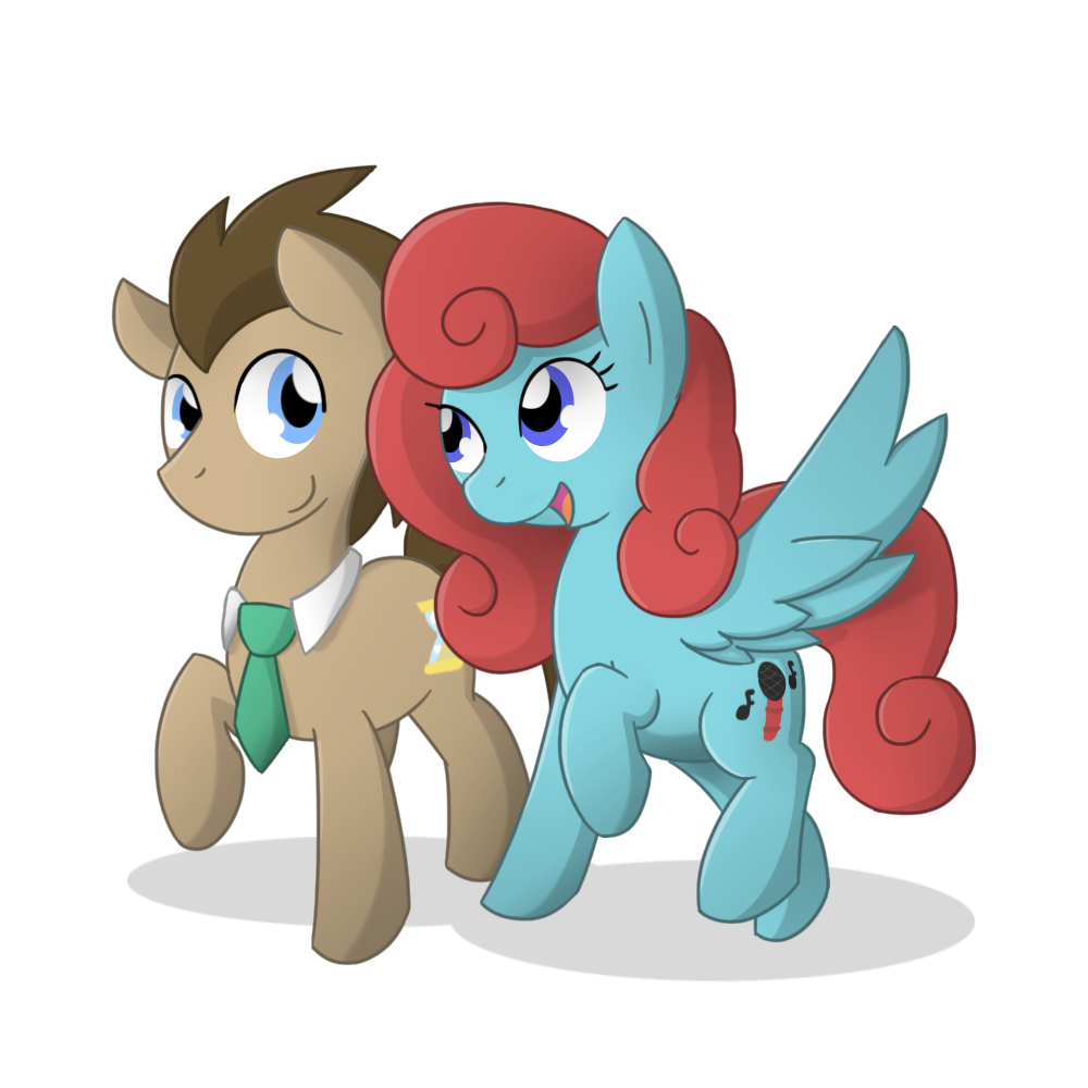 blue_eyes brown_hair cutie_mark deadlycomics doctor_whooves_(mlp) duo earth_pony equine fan_character feathered_wings feathers female feral friendship_is_magic fur hair hooves horse male mammal my_little_pony necktie open_mouth pegasus pink_hair pony simple_background smile standing tan_fur tongue wings