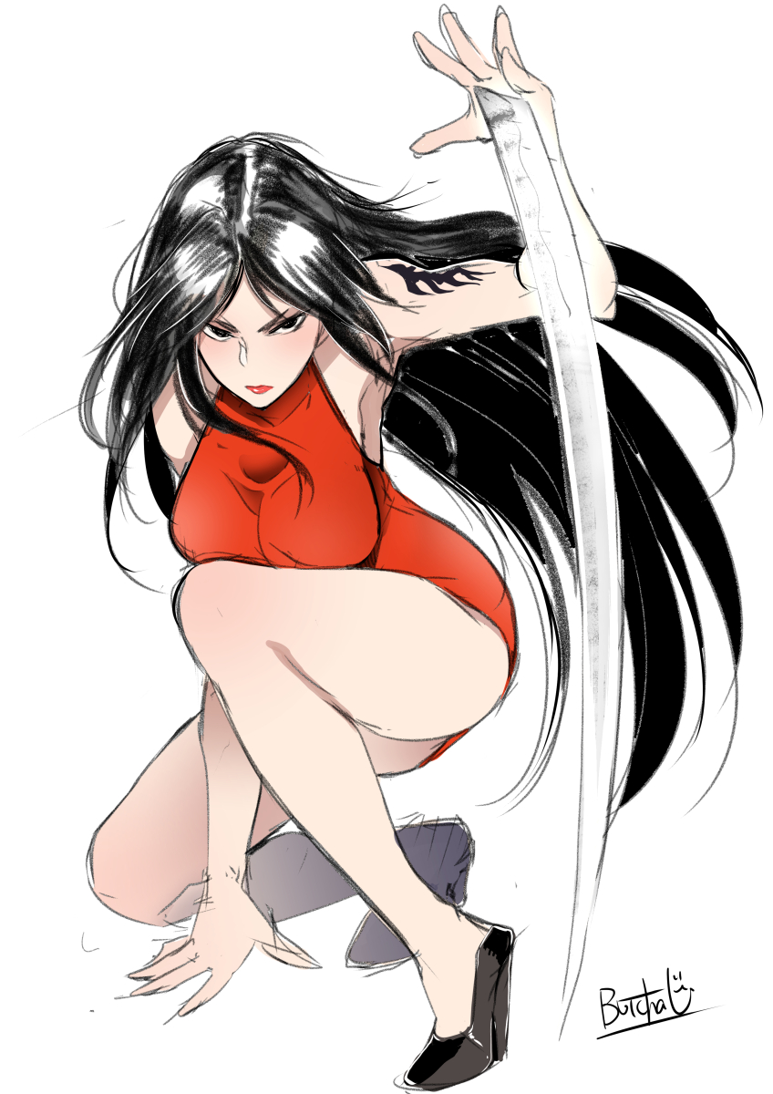 1girl arm_blade bangs black_eyes black_footwear black_hair breasts butcha-u commentary_request dress full_body high_heels highres kagari_(ushio_to_tora) large_breasts legs lipstick long_hair makeup one_knee parted_bangs red_dress serious short_dress shoulder_tattoo sketch tattoo taut_clothes taut_dress ushio_to_tora very_long_hair weapon white_background
