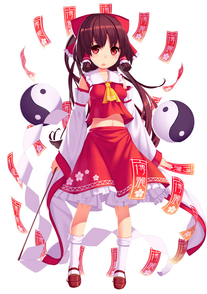 ascot bow breasts brown_hair detached_sleeves full_body gohei hair_bow hair_tubes hakurei_reimu japanese_clothes long_hair mary_janes medium_breasts mikan_(bananoha) miko navel ofuda red_eyes ribbon-trimmed_sleeves ribbon_trim shoes simple_background solo talisman touhou yin_yang