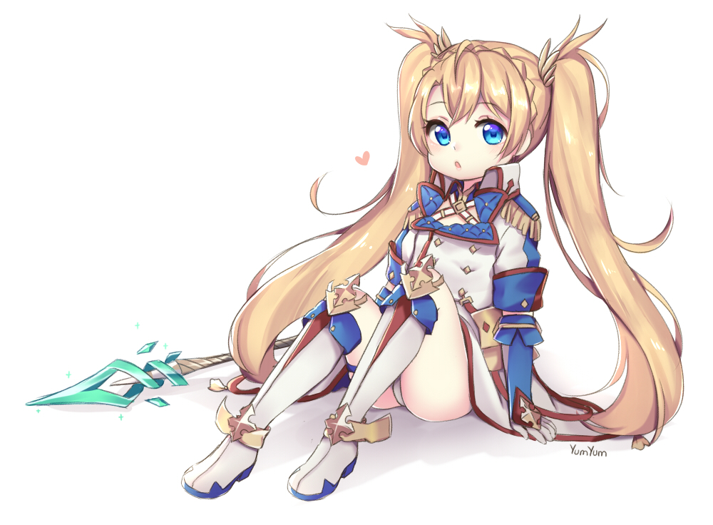 1girl :o ahoge arm_support artist_name ass bangs blonde_hair blue_eyes blue_gloves boots bradamante_(fate/grand_order) braid buttons commentary double-breasted elbow_gloves english_commentary epaulettes fate/grand_order fate_(series) faulds full_body gloves heart knee_boots kneehighs knees_up long_hair long_sleeves looking_at_viewer panties parted_lips polearm shirt sidelocks simple_background sitting skirt sleeves_folded_up solo spear tareme twintails underwear uniform very_long_hair weapon white_background white_legwear white_panties white_shirt white_skirt wing_collar younger yumyum