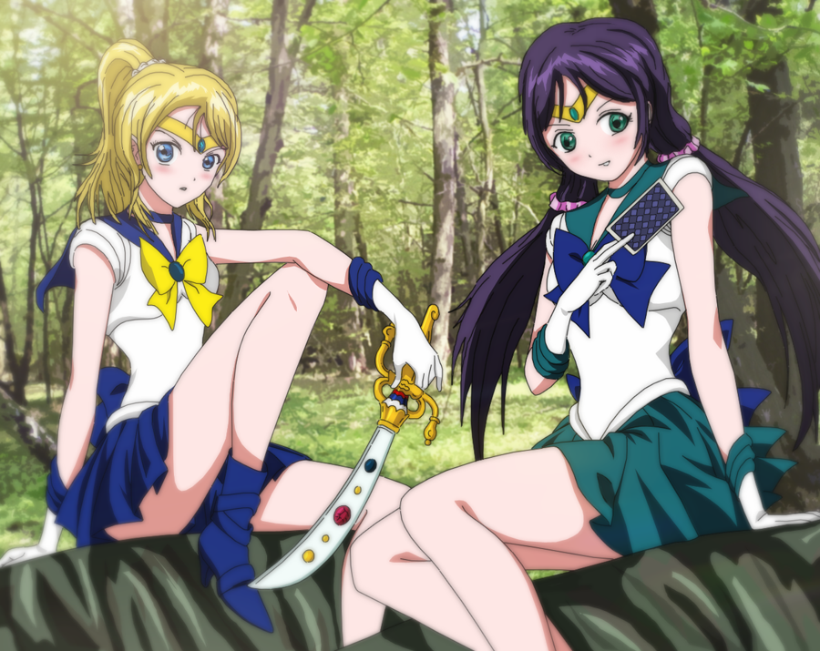 2girls aqua_hair aqua_skirt ayase_eli bishoujo_senshi_sailor_moon blonde_hair blue_bow bow card choker circlet cosplay crossover forest gloves kaiou_michiru looking_at_viewer love_live!_school_idol_project miniskirt multiple_girls outer_senshi parody rocks sailor_collar sailor_neptune sailor_uranus short_hair sword tarot ten'ou_haruka toujou_nozomi white_gloves