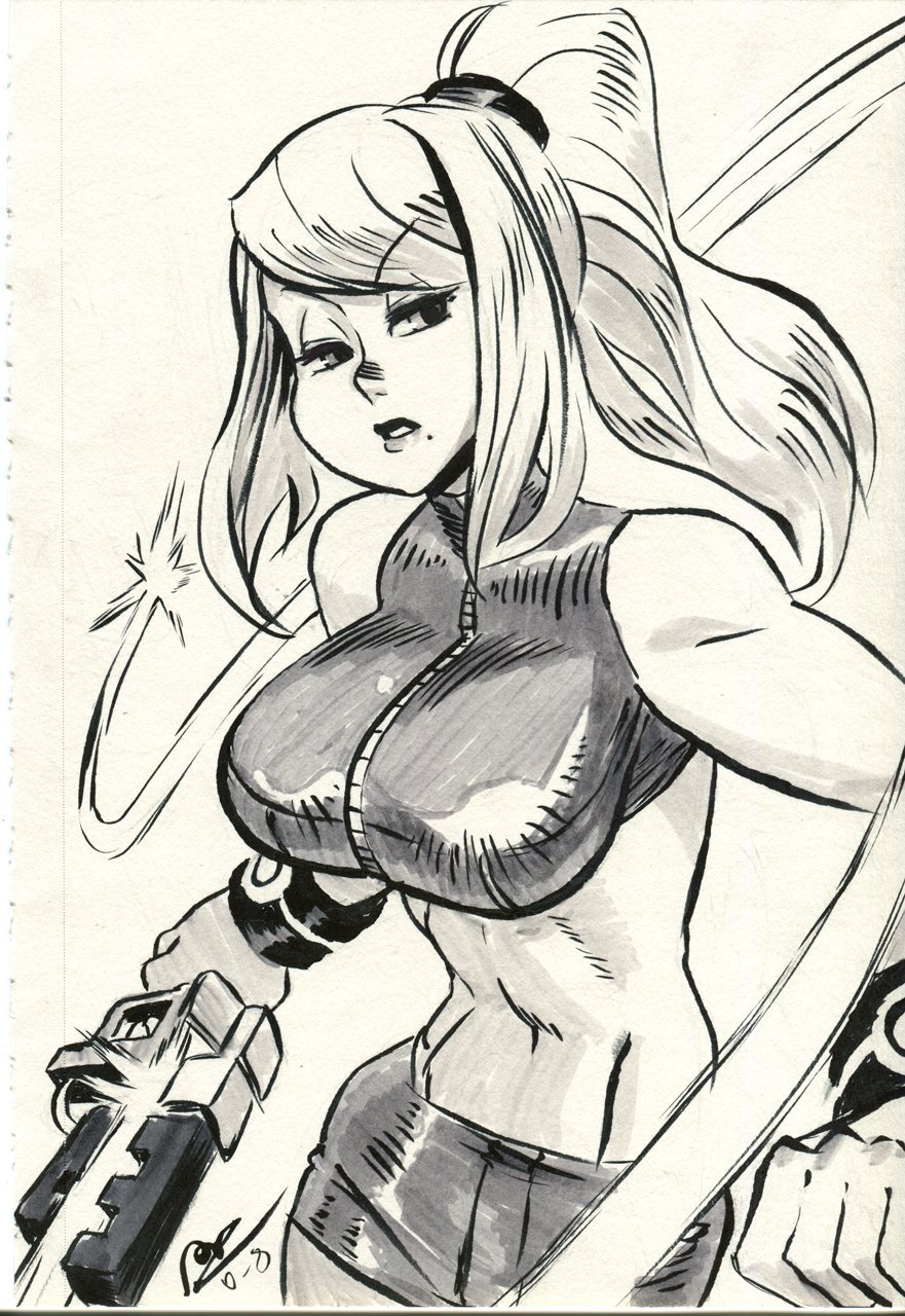 1girl alex_ahad breasts commission energy_sword full-length_zipper greyscale hair_ornament hair_scrunchie highres holding holding_weapon impossible_clothes jitome large_breasts lips long_hair marker_(medium) metroid mole mole_under_mouth monochrome navel nintendo nose photo ponytail samus_aran scrunchie shorts solo sports_bra super_smash_bros. sword toned traditional_media weapon wristband zipper