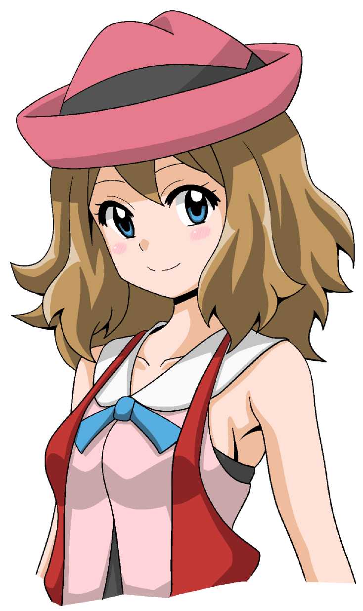 blue_eyes blush breasts brown_hair hat highres koutarosu looking_at_viewer medium_breasts pokemon pokemon_(anime) pokemon_xy_(anime) serena_(pokemon) short_hair sideboob sleeveless_duster smile solo upper_body white_background
