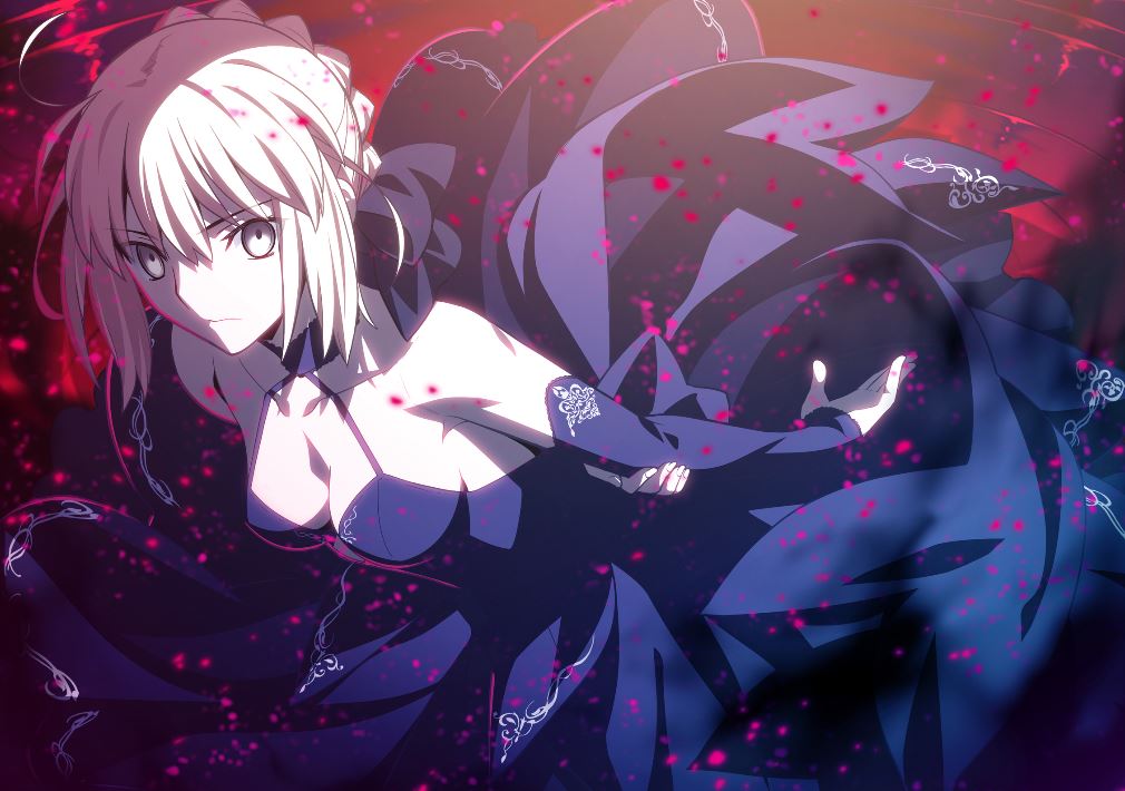 1girl ahoge arm_behind_back artoria_pendragon_(all) bangs bare_shoulders blonde_hair braid breasts corruption crown_braid dark_persona detached_sleeves dress expressionless eyebrows_visible_through_hair fate/stay_night fate_(series) gothic_lolita hair_ribbon halter_dress holding_arm light_particles lolita_fashion long_hair looking_at_viewer medium_breasts official_art pool_of_blood ribbon ripples saber saber_alter sidelocks solo takeuchi_takashi yellow_eyes