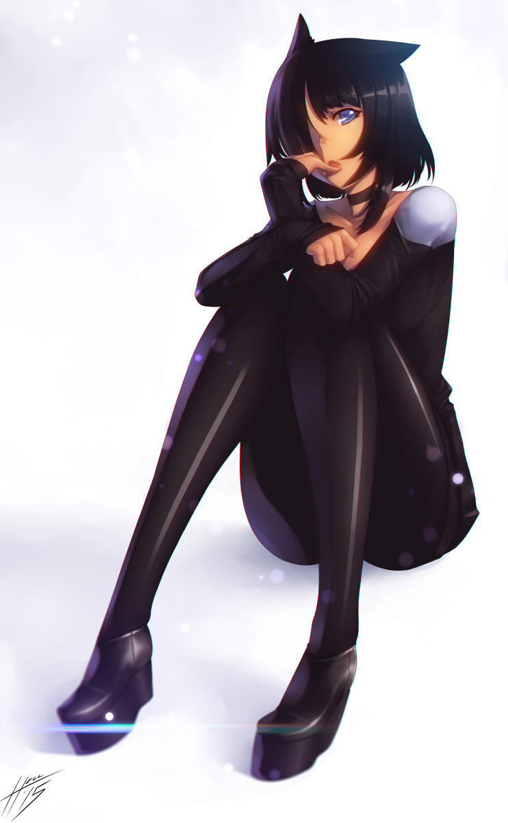 animal_ears black_hair black_legwear boots cat_ears choker finger_to_mouth hair_over_one_eye hell_machina highres looking_at_viewer original purple_eyes short_hair sitting sleeves_past_wrists solo