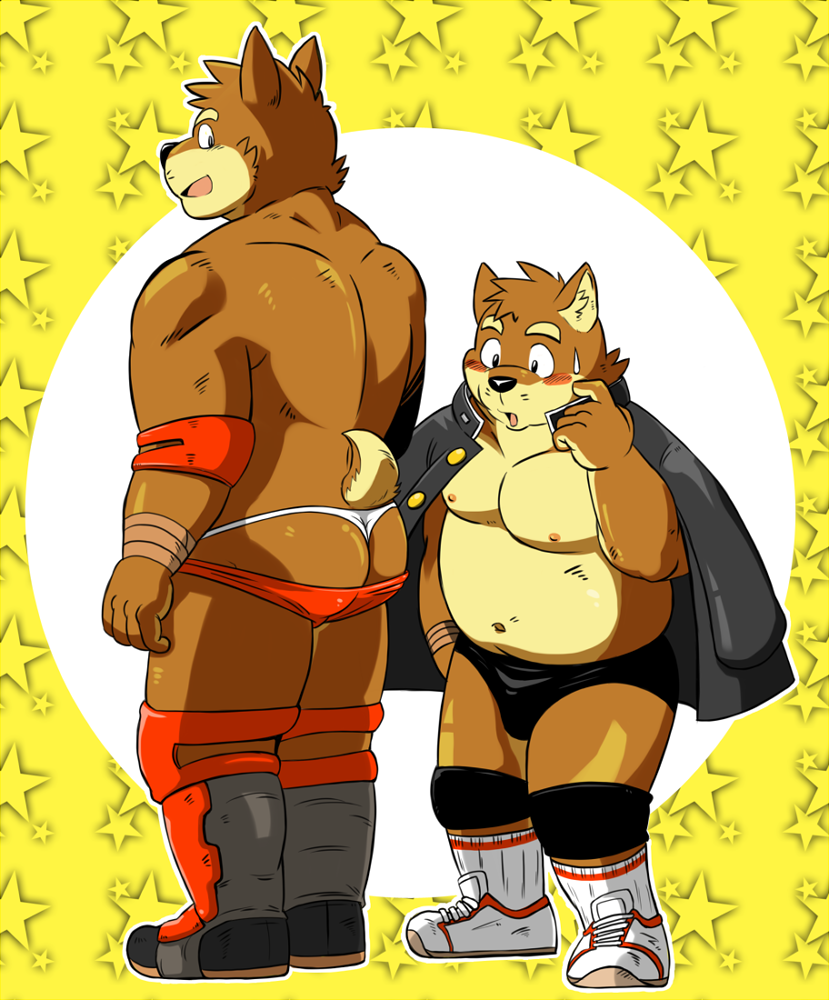 anthro blush canine clothing duo footwear jacket male mammal shiba-kenta smile sweat_droplet underwear wrestling_gear