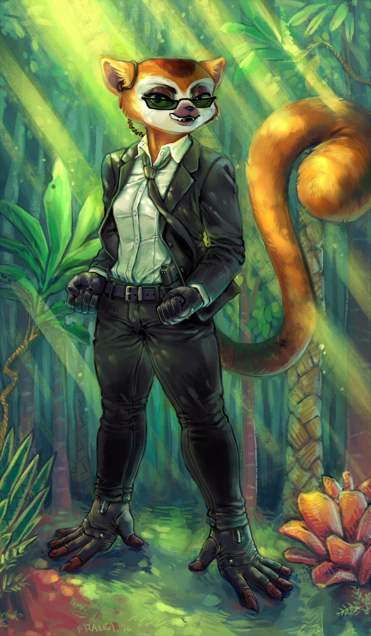 amazing belt black_clothes bodyguard clothed clothing clover_(madagascar) cloves crowned_lemur earpiece eyewear female fralea fur green_eyes gun handgun jungle leather lemur madagascar mammal necktie orange_fur pants peeking_fangs primate rainforest ranged_weapon smile smirk suit sunglasses weapon