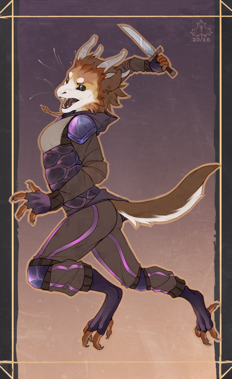 anthro armor clothed clothing diesel_wiesel dragon fangs female fingerless_gloves fur furred_dragon gloves horn knife open_mouth simple_background solo standing teeth tongue